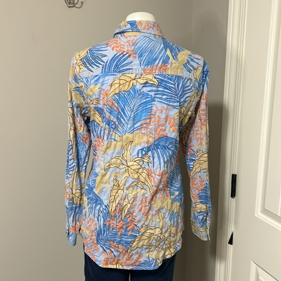 J McLaughlin Lois Shirt Blue Tropical Palm Print Long Sleeve Button Front Sz S - Picture 7 of 16
